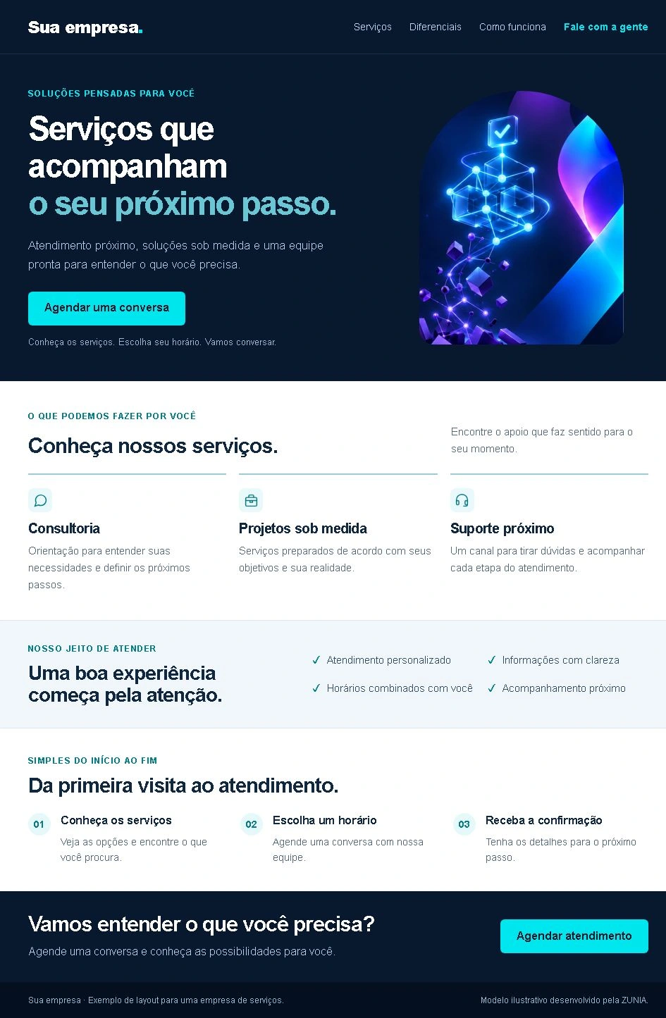 Modelo de landing page de uma empresa de serviços: apresentação principal, serviços, diferenciais, etapas do atendimento e chamada para agendamento